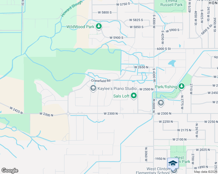 map of restaurants, bars, coffee shops, grocery stores, and more near 3362 West 2500 North in Clinton