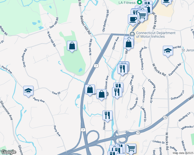 map of restaurants, bars, coffee shops, grocery stores, and more near 4 Oakwood Avenue in Norwalk