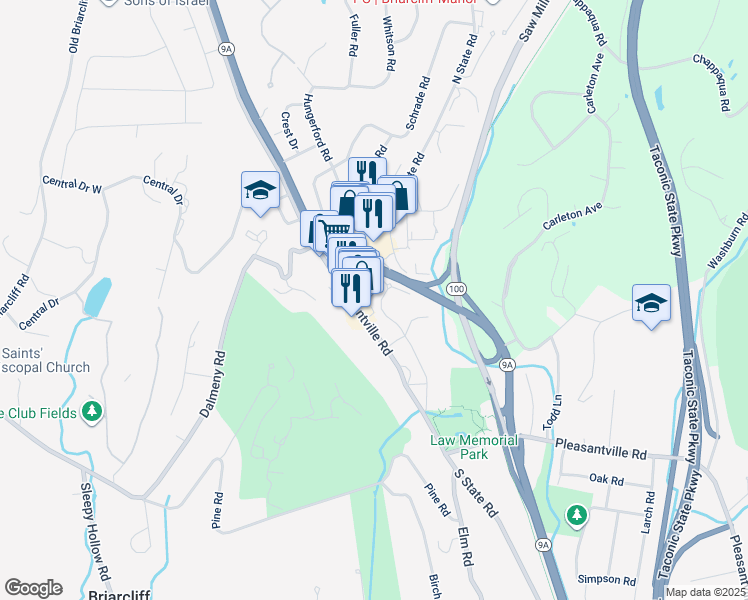 map of restaurants, bars, coffee shops, grocery stores, and more near 1112 Pleasantville Road in Briarcliff Manor