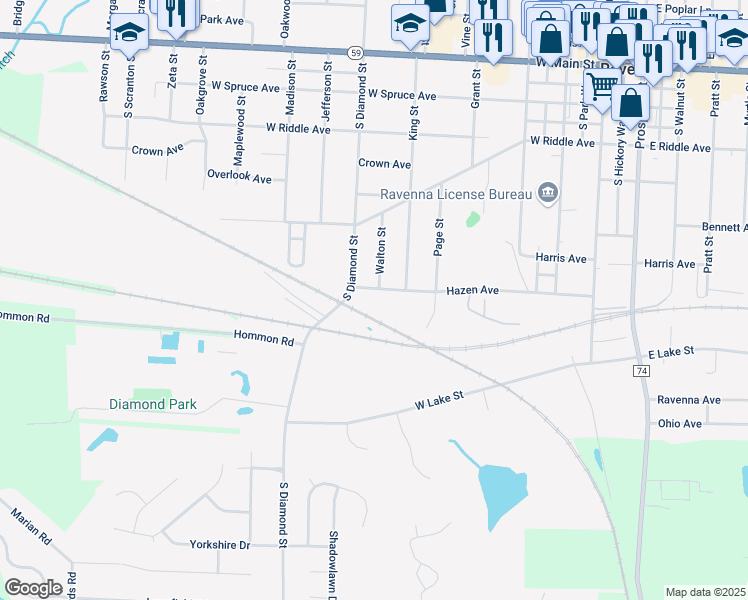 map of restaurants, bars, coffee shops, grocery stores, and more near 677 South Diamond Street in Ravenna