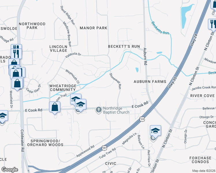 map of restaurants, bars, coffee shops, grocery stores, and more near 1328 Lakeland Cove in Fort Wayne