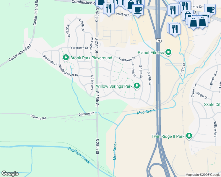 map of restaurants, bars, coffee shops, grocery stores, and more near 2404 Lewis and Clark Road in Bellevue