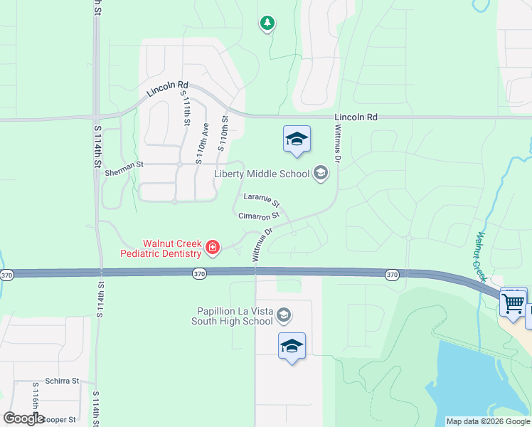 map of restaurants, bars, coffee shops, grocery stores, and more near 10731 Cimarron Street in Papillion