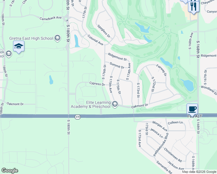 map of restaurants, bars, coffee shops, grocery stores, and more near 10920 South 175th Avenue in Omaha
