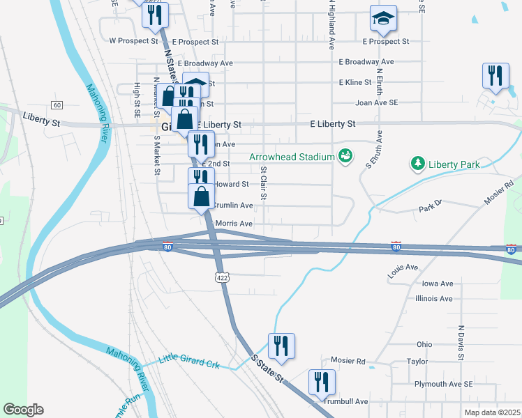 map of restaurants, bars, coffee shops, grocery stores, and more near 89 Crumlin Avenue in Girard