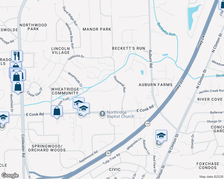 map of restaurants, bars, coffee shops, grocery stores, and more near 1328 Lakeland Cove in Fort Wayne