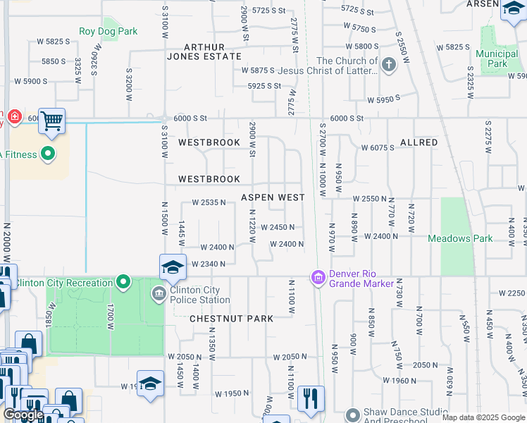 map of restaurants, bars, coffee shops, grocery stores, and more near 2509 North 1170 West in Clinton