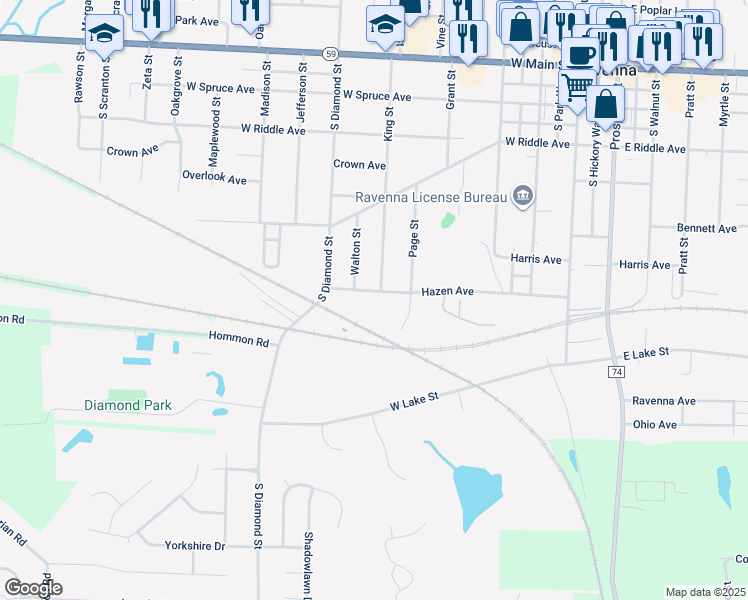 map of restaurants, bars, coffee shops, grocery stores, and more near 629 Hazen Avenue in Ravenna