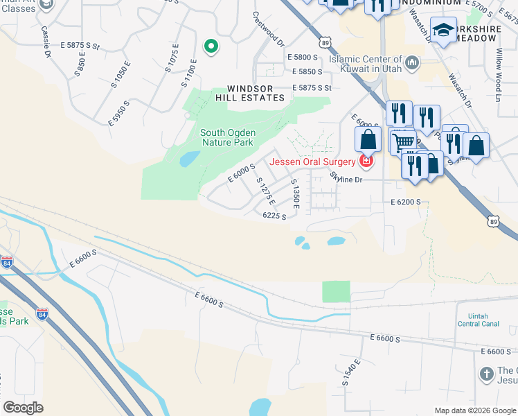 map of restaurants, bars, coffee shops, grocery stores, and more near 1241 East 6125 South in South Ogden