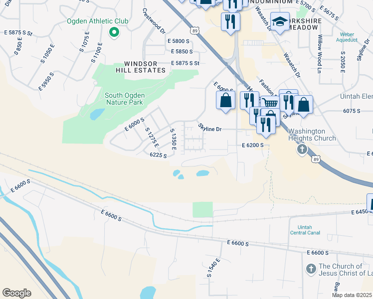 map of restaurants, bars, coffee shops, grocery stores, and more near 1322 East 6175 South in South Ogden