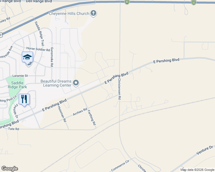 map of restaurants, bars, coffee shops, grocery stores, and more near 7903 East Pershing Boulevard in Cheyenne