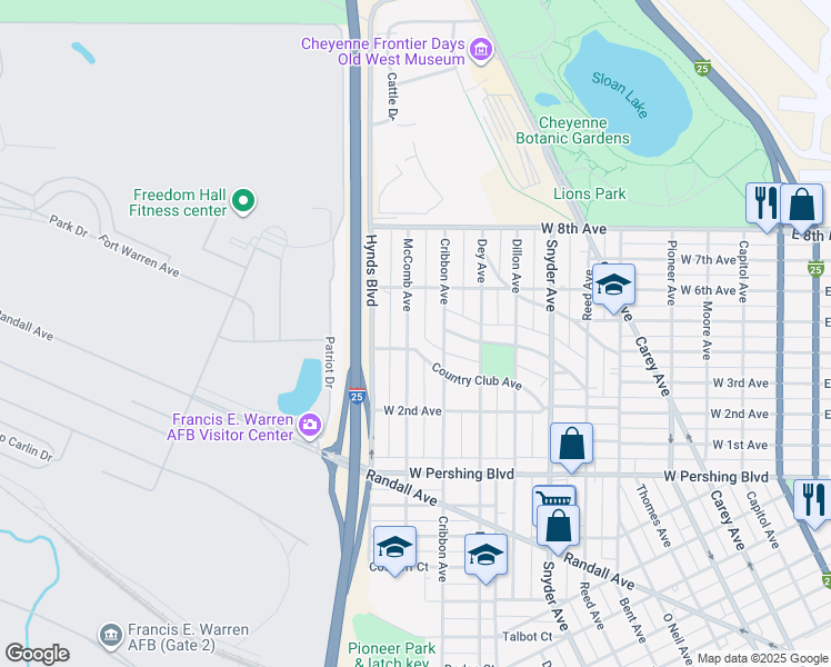 map of restaurants, bars, coffee shops, grocery stores, and more near 3547 McComb Avenue in Cheyenne