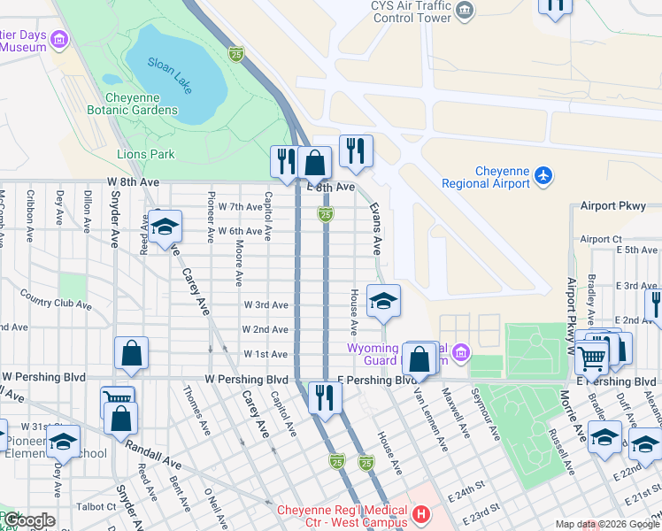 map of restaurants, bars, coffee shops, grocery stores, and more near 117 East 4th Avenue in Cheyenne