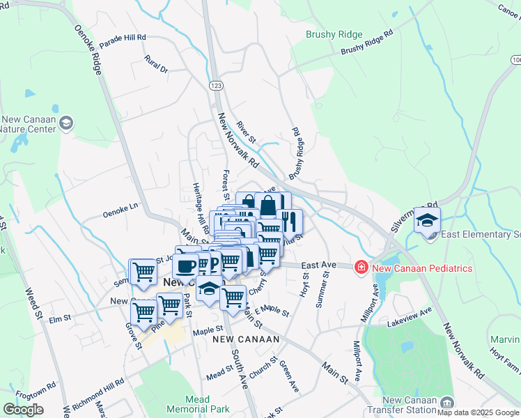map of restaurants, bars, coffee shops, grocery stores, and more near 85 Locust Avenue in New Canaan