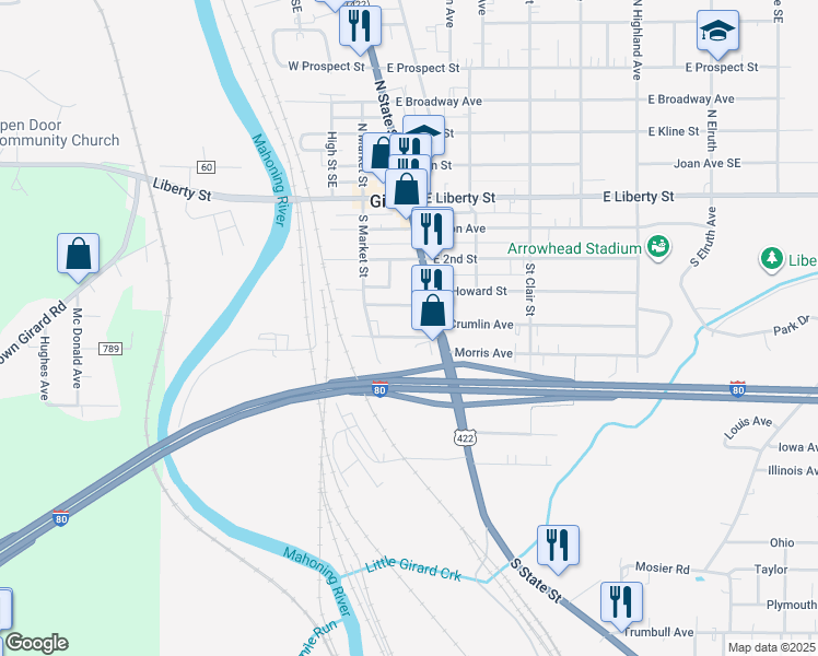 map of restaurants, bars, coffee shops, grocery stores, and more near 53 Hancock Street Southeast in Girard