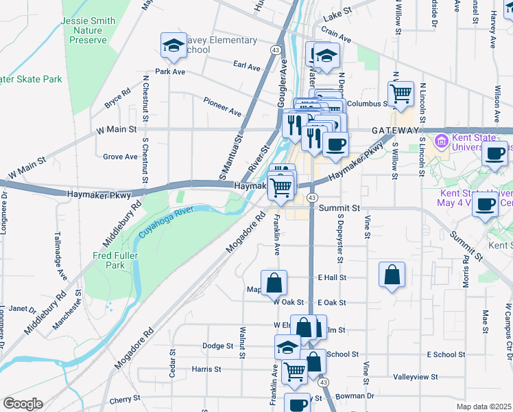 map of restaurants, bars, coffee shops, grocery stores, and more near 330 West Summit Street in Kent