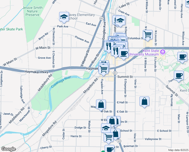 map of restaurants, bars, coffee shops, grocery stores, and more near 330 West Summit Street in Kent
