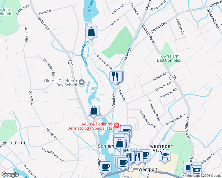map of restaurants, bars, coffee shops, grocery stores, and more near 1 Woods Grove Road in Westport