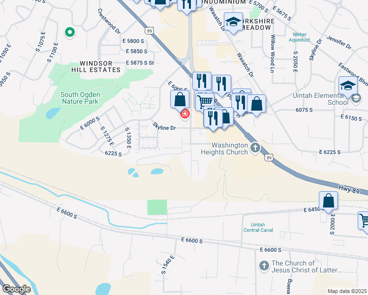 map of restaurants, bars, coffee shops, grocery stores, and more near 1521 East 6225 South in South Ogden