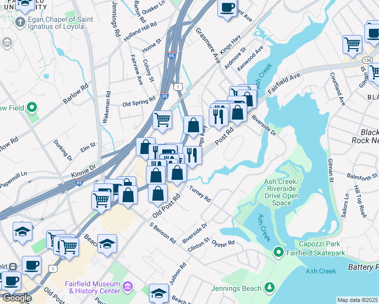 map of restaurants, bars, coffee shops, grocery stores, and more near 400-446 Post Road in Fairfield