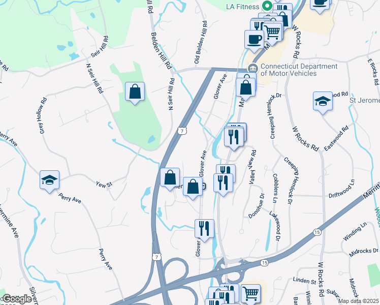 map of restaurants, bars, coffee shops, grocery stores, and more near 4 Oakwood Avenue in Norwalk