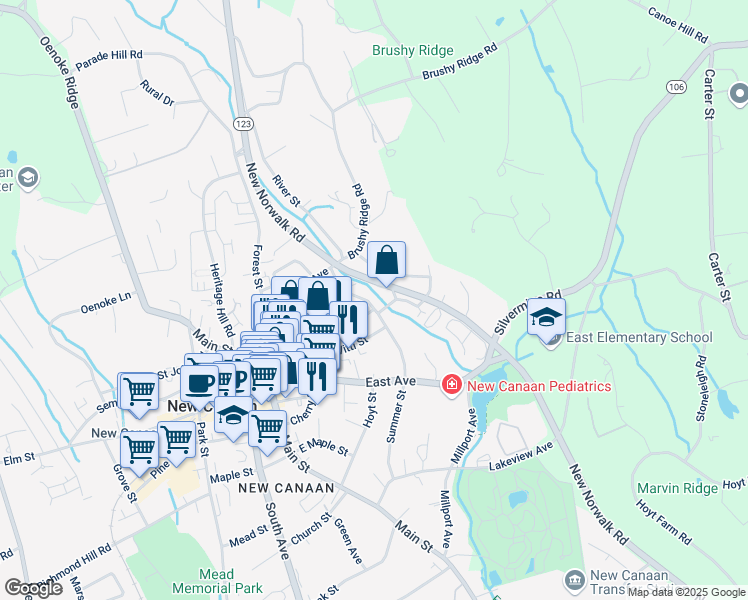 map of restaurants, bars, coffee shops, grocery stores, and more near 69 Summer Street in New Canaan
