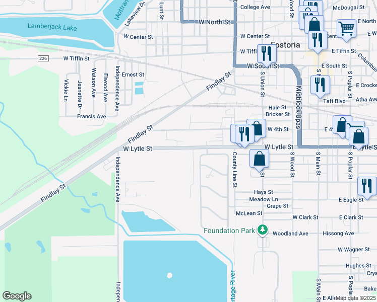 map of restaurants, bars, coffee shops, grocery stores, and more near 529 West Lytle Street in Fostoria