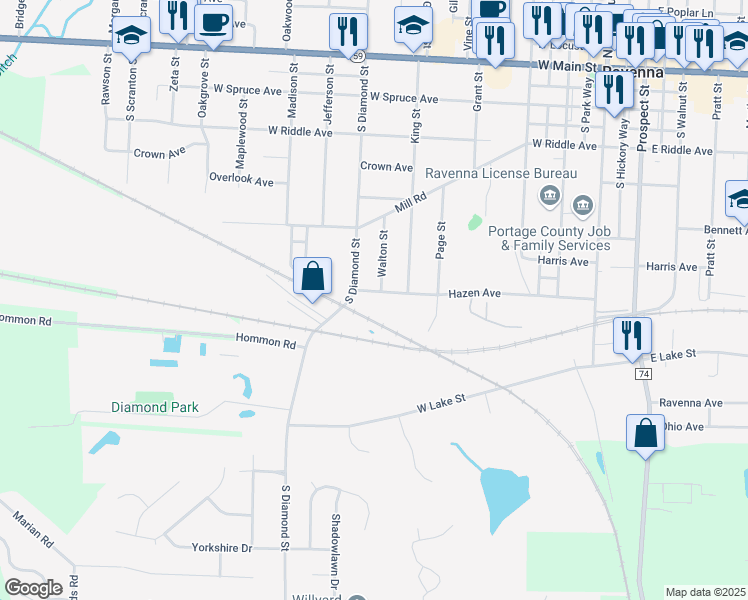 map of restaurants, bars, coffee shops, grocery stores, and more near 677 South Diamond Street in Ravenna