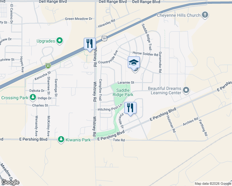 map of restaurants, bars, coffee shops, grocery stores, and more near 6610 Crossbow Trail in Cheyenne