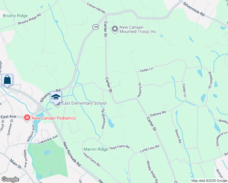 map of restaurants, bars, coffee shops, grocery stores, and more near 18 Stoneleigh Road in New Canaan