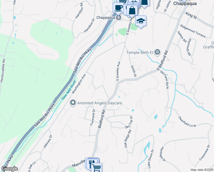 map of restaurants, bars, coffee shops, grocery stores, and more near 27 Bedford Road in Pleasantville