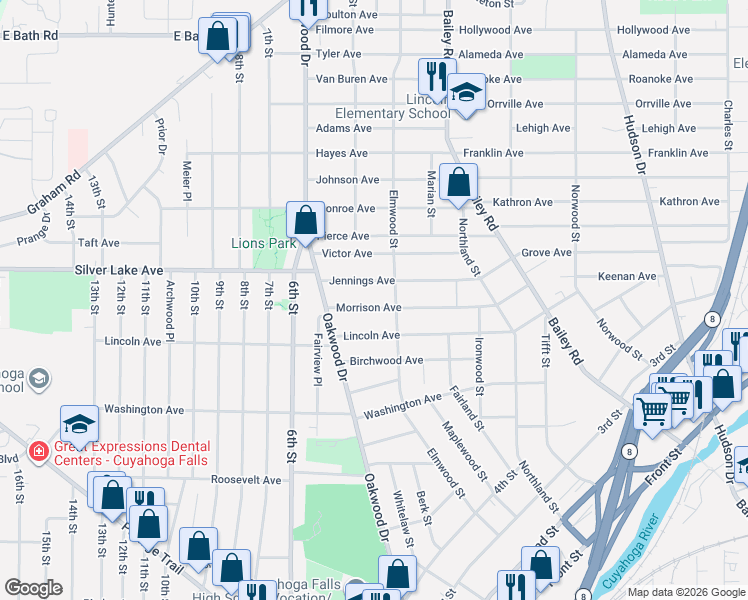 map of restaurants, bars, coffee shops, grocery stores, and more near 2808 Elmwood Street in Cuyahoga Falls