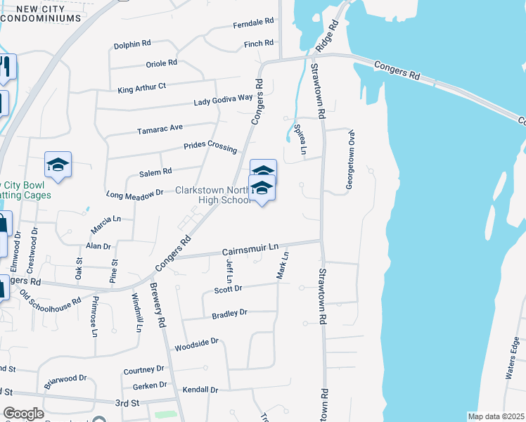 map of restaurants, bars, coffee shops, grocery stores, and more near 151 Congers Road in New City