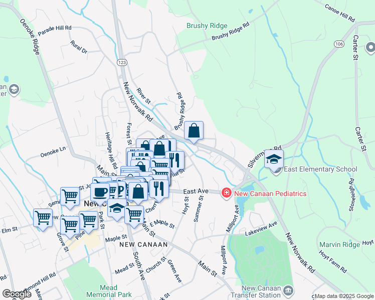 map of restaurants, bars, coffee shops, grocery stores, and more near 52 Summer Street in New Canaan