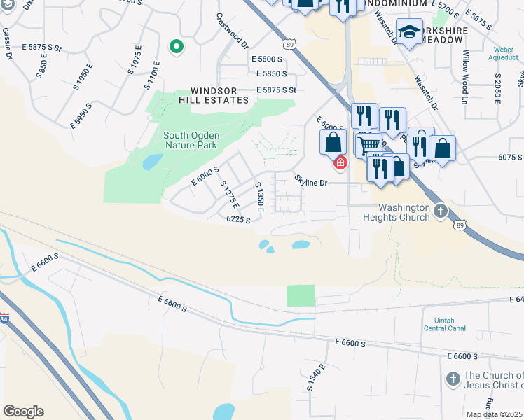 map of restaurants, bars, coffee shops, grocery stores, and more near 1349 6225 South in Ogden