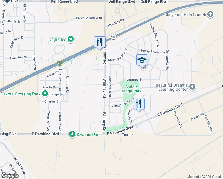 map of restaurants, bars, coffee shops, grocery stores, and more near 6502 Crossbow Trail in Cheyenne