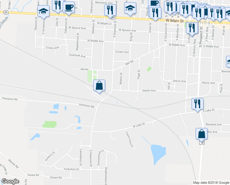 map of restaurants, bars, coffee shops, grocery stores, and more near 677 South Diamond Street in Ravenna