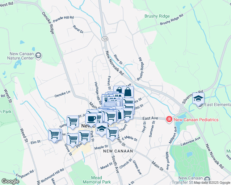 map of restaurants, bars, coffee shops, grocery stores, and more near 69 Forest Street in New Canaan
