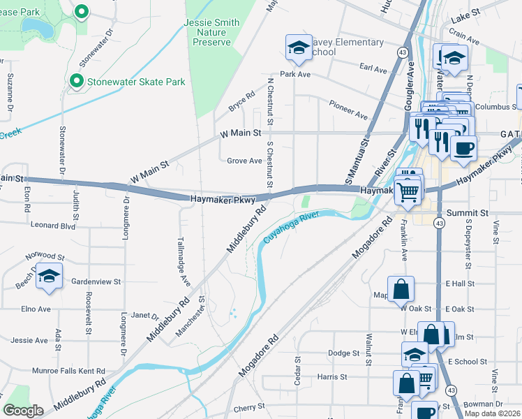 map of restaurants, bars, coffee shops, grocery stores, and more near 412 Middlebury Road in Kent