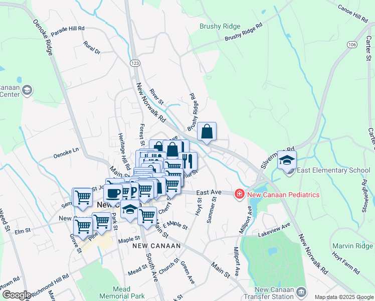 map of restaurants, bars, coffee shops, grocery stores, and more near 31 Summer Street in New Canaan
