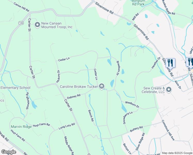 map of restaurants, bars, coffee shops, grocery stores, and more near 231 Cedar Lane in New Canaan