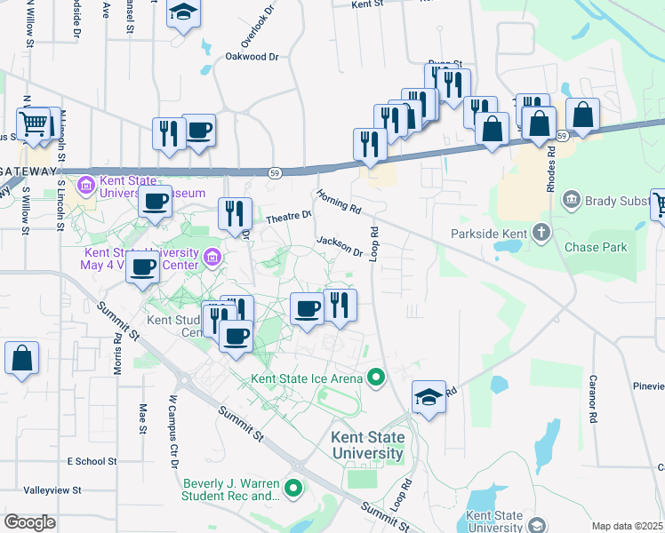 map of restaurants, bars, coffee shops, grocery stores, and more near Cunningham Drive in Kent