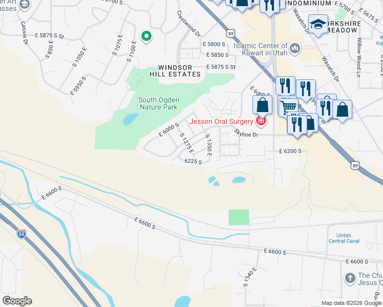 map of restaurants, bars, coffee shops, grocery stores, and more near 1296 East 6125 South in Ogden