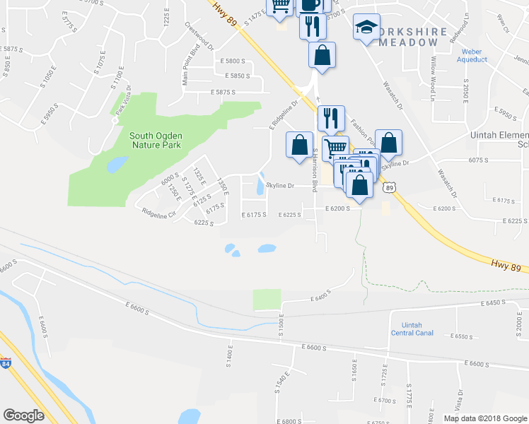 map of restaurants, bars, coffee shops, grocery stores, and more near 1438 East 6175 South in South Ogden