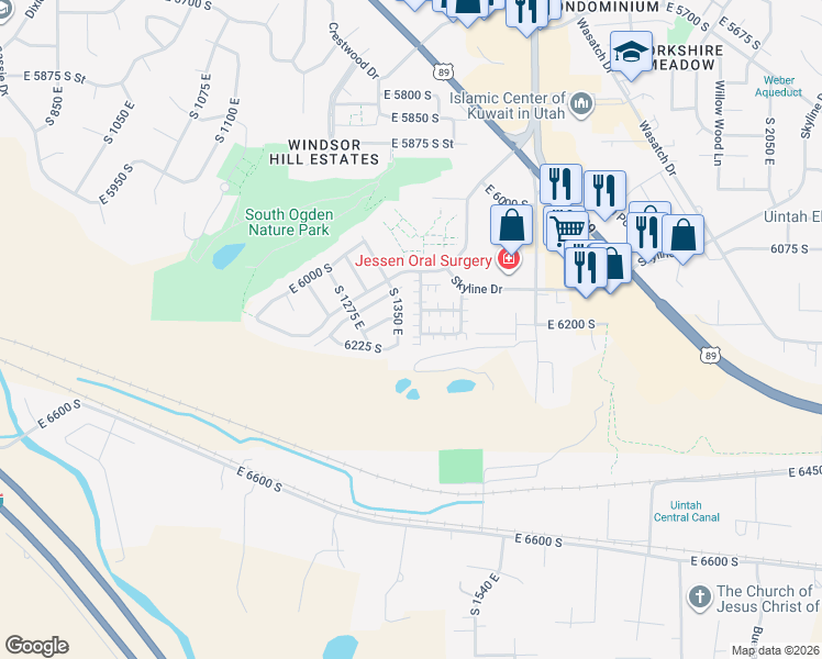 map of restaurants, bars, coffee shops, grocery stores, and more near 6154 1350 East in South Ogden