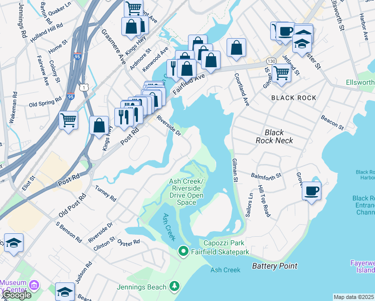 map of restaurants, bars, coffee shops, grocery stores, and more near 181 Riverside Drive in Fairfield