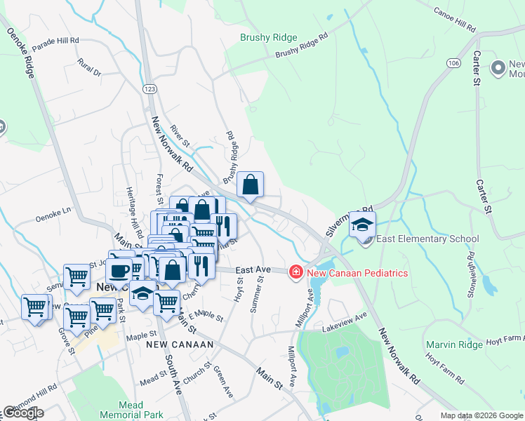 map of restaurants, bars, coffee shops, grocery stores, and more near 16 Urban Street in New Canaan