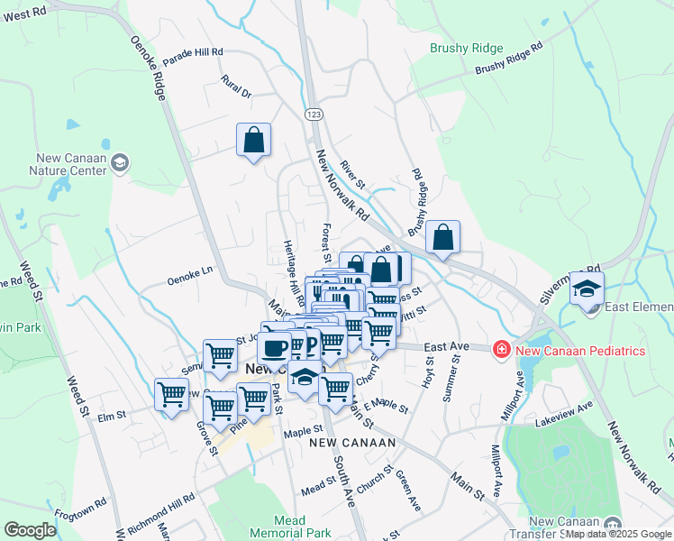 map of restaurants, bars, coffee shops, grocery stores, and more near 99 Forest Street in New Canaan