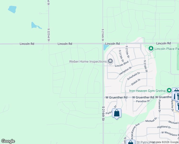 map of restaurants, bars, coffee shops, grocery stores, and more near 11008 South 218th Street in Gretna