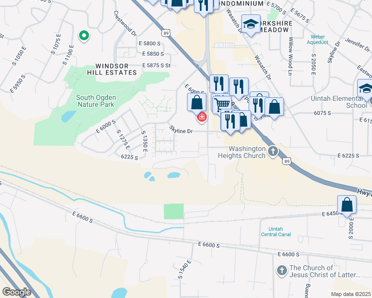 map of restaurants, bars, coffee shops, grocery stores, and more near 1492 East 6225 South in South Ogden